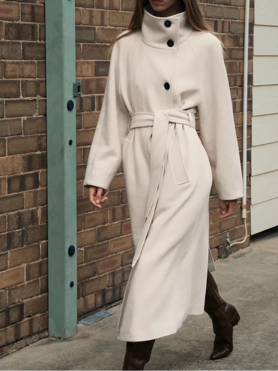 Zara Jackets & Blazers - Zara Cream Long Belted Wool Coat with High Collar and Black Buttons